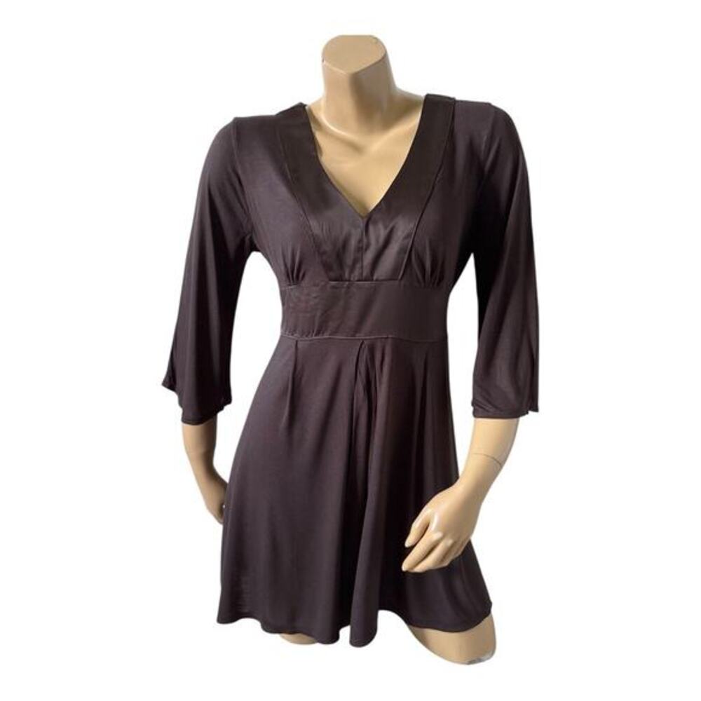 Mossimo Tunic Top Womens L Brown Rayon Empire Waist V Neck Tie Back 3/4 Sleeve